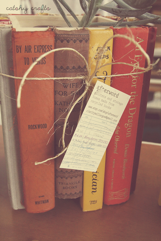 Vintage books. Hidden storage. Retro library cards as tags? Yes, please and thank you, Afterword.