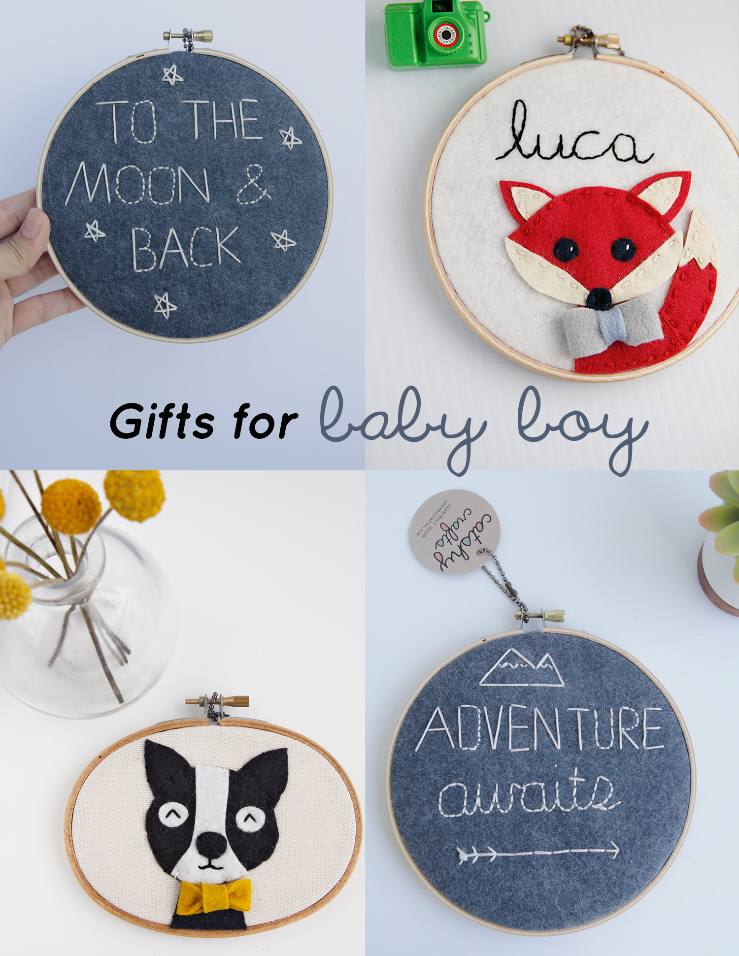 Nursery Wall Art / Gift Ideas for Baby Boy / Felt Embroidery Hoop Art